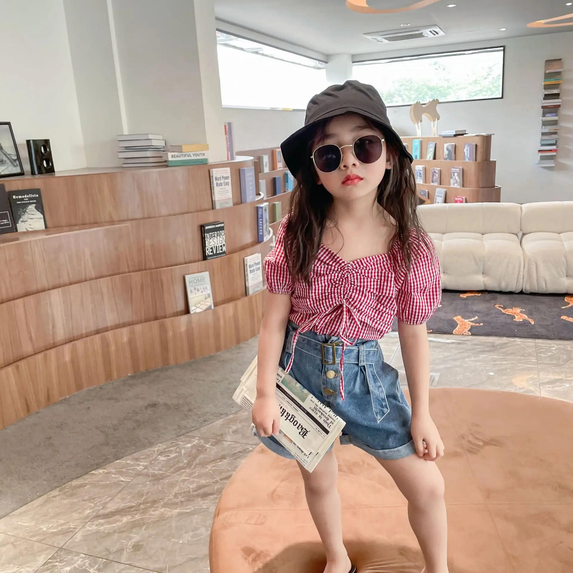 

Летняя блузка для девочек, в клетку, с коротким рукавом-бабочкой и кулиской, в Корейском стиле