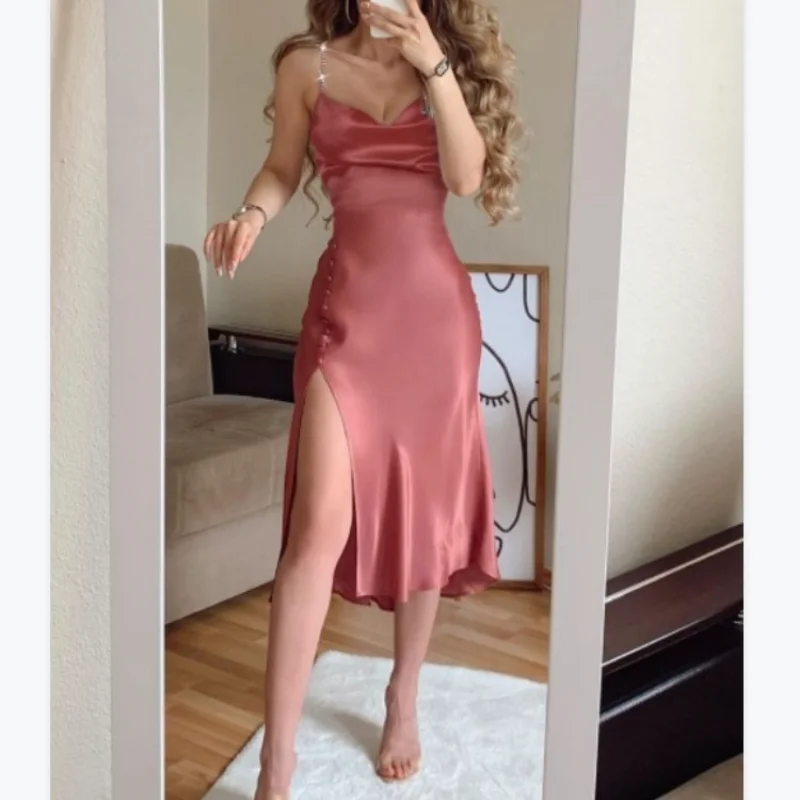 

Europe and the United States 2021 summer new Black dress chain sling temperament satin dress sexy mid-length party dress women