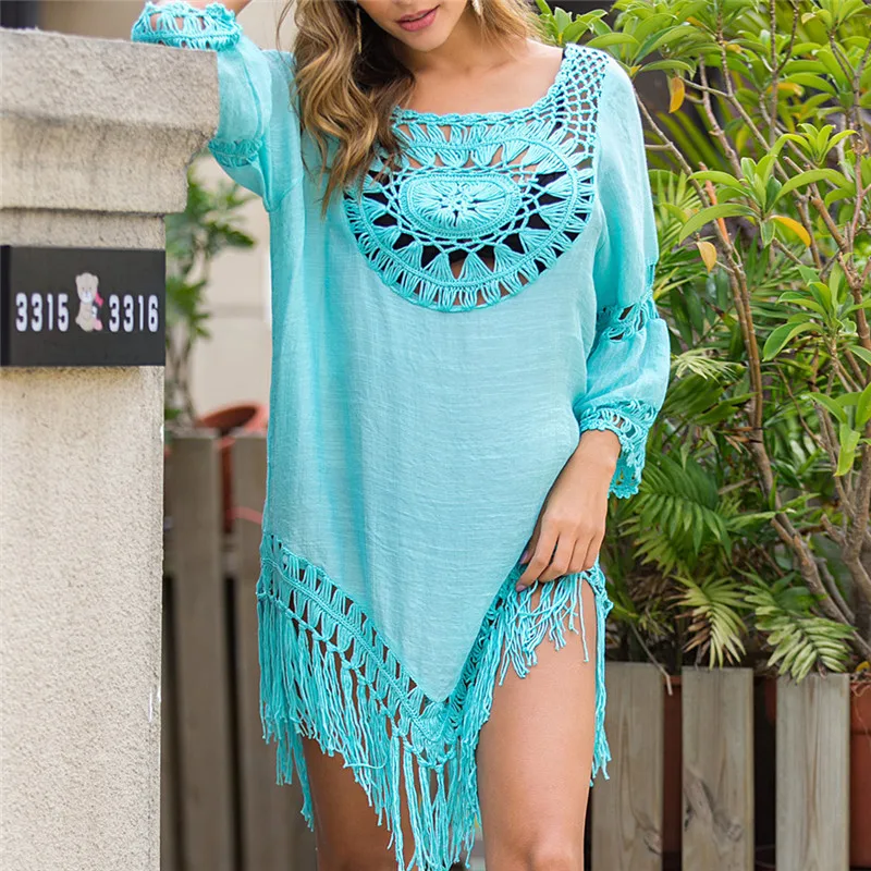 

2020 New Women Summer Lace Crochet Bikini Cover Ups Hollow Out Tassels Swimwear Bathing Suit Beach Floral Cover Ups Dress Tops
