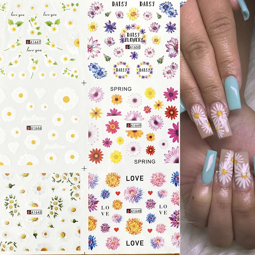 

12pcs Dasiy Flower Design Water Nail Sticker Spring White Colorful Blossom Slider Watermark Decal Manicure Nail Art Decoration