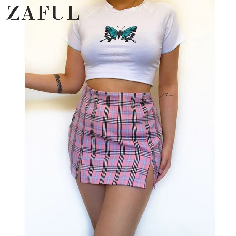 ZAFUL, клетчатая мини-юбка трапециевидной формы, женские сексуальные винтажные юбки на молнии, повседневные юбки с высокой талией, милые Облегающие юбки для девочек, Новинка