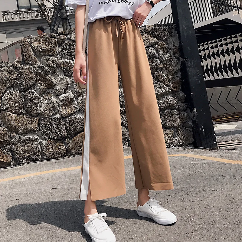 

Pants Women New Various Color Loose Korean Style Womens Wide Leg High Waist Ankle-Length Trousers Solid Flat Patchwork Girl