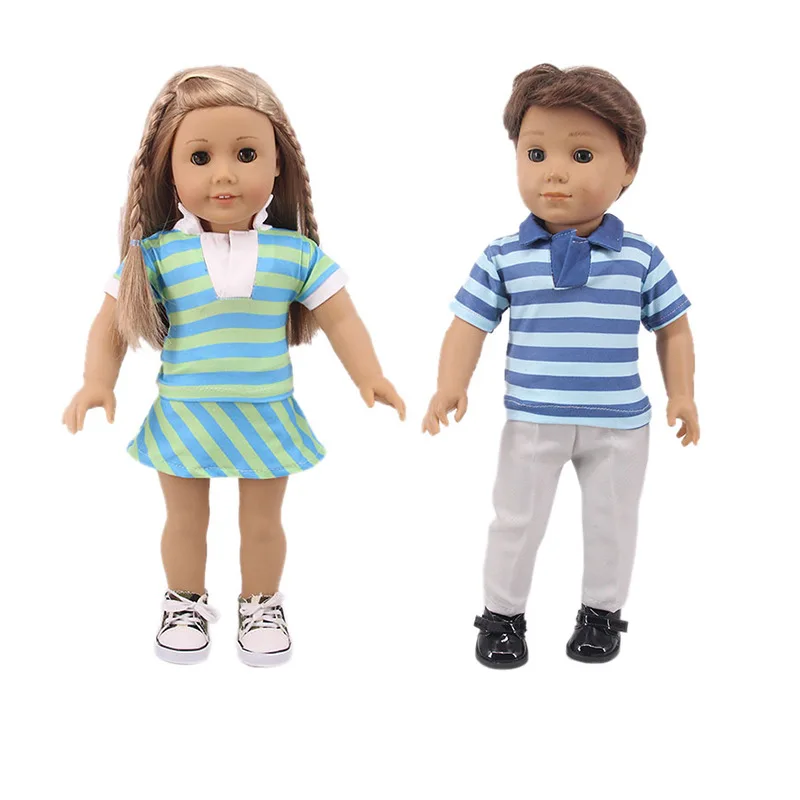

Комплект для пары включает 2 комплекта одежды + 2 пары обуви, костюм в полоску, подходит для кукол американской девочки, 18-дюймовая кукла, рожд...