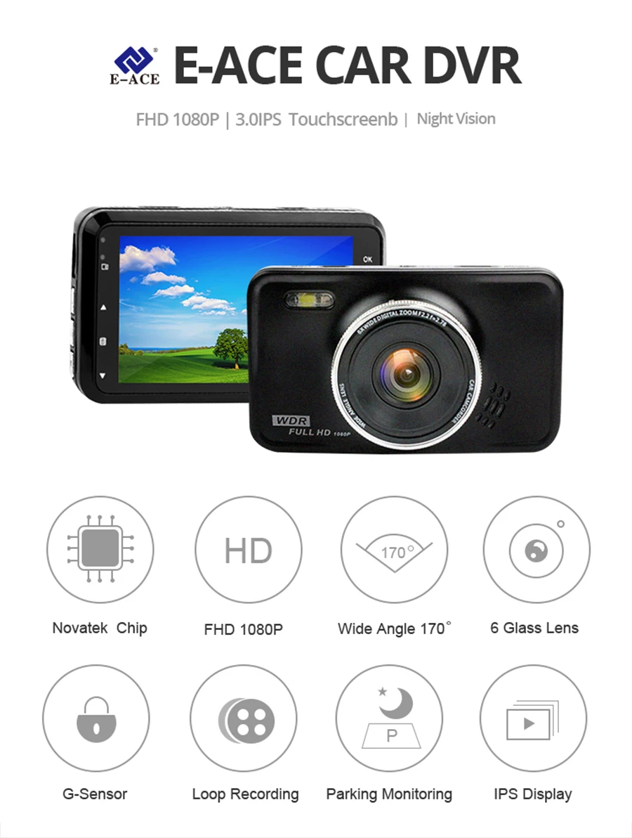 E-ACE Автомобильный видеорегистратор Camara Full HD 1080P видео рекордер со светодиодным фонариком Dashcam Авто регистратор автомобильная видеокамера Dash камера Автомобильный видеорегистратор s
