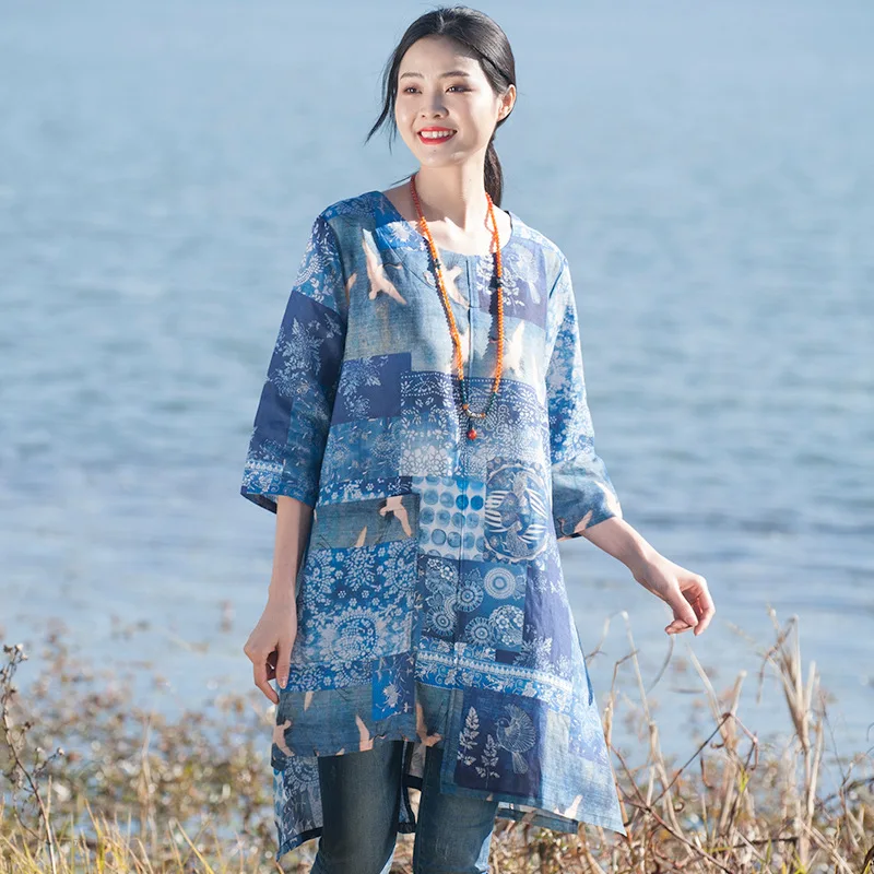 Women Printed Irregular Length Print Tops Shirts Ladies Vintage Long Blouse Female Retro Spring Summer Half Sleeve | Женская одежда