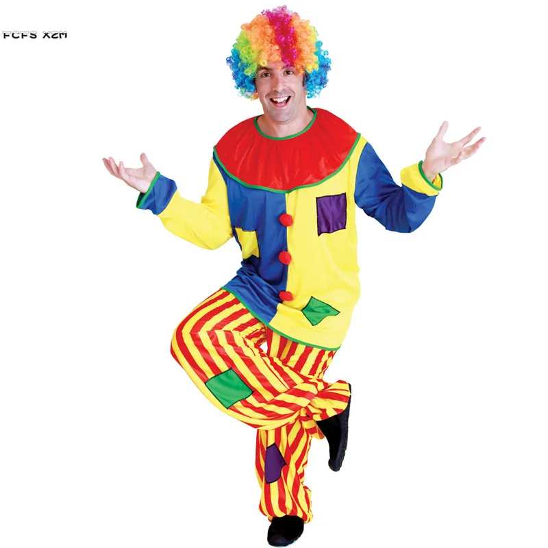 

Adult Men circus clown Cosplay Halloween droll Joker Costumes Carnival Purim parade Masquerade Stage play Bar Party Funny dress