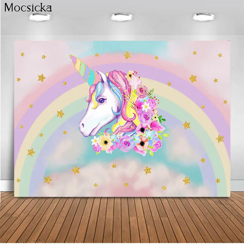 

Mocsicka Baby shower background rainbow unicorn decoration style newborn baby photo background photography studio