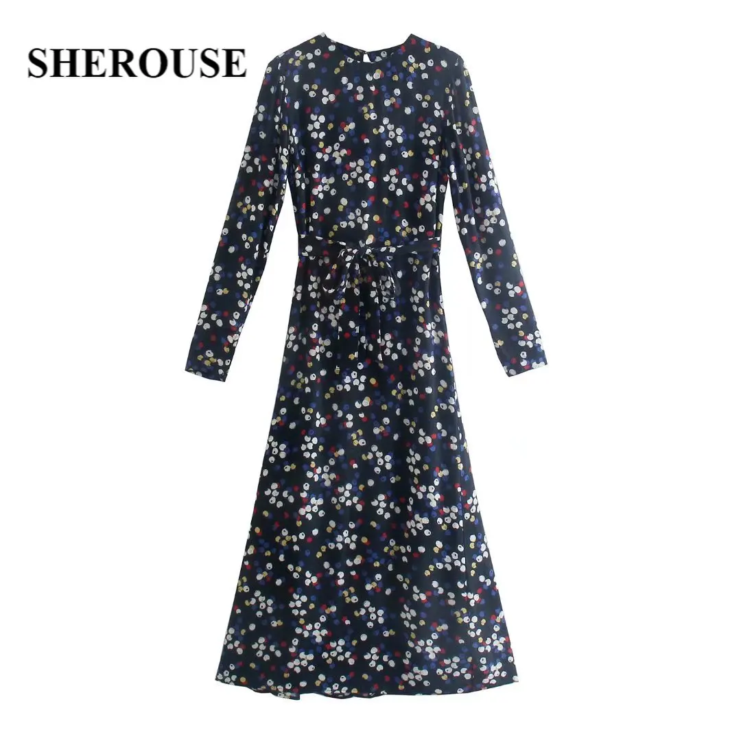 

Женское облегающее платье-миди с принтом Sherouse, винтажное платье с длинным рукавом и круглым вырезом