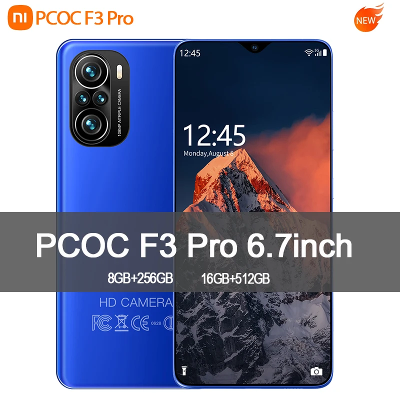 

Smartphone Global Version PCOC F3 Pro 6.7Inch 6000mAh 8GB+256GB HD Display 48MP Android Phone 5G Network Mobilephone Unlcoked