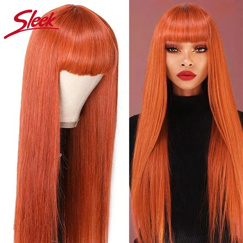 Sleek Brazilian Straight Hair Wigs With Bang Orange Color Mixed P4/27/30 Color Remy Hair Machine Made Wigs For Black Women