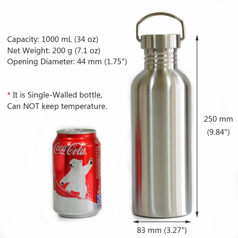 Бесплатная Спортивная бутылка для воды из нержавеющей стали 1000 мл фляга напитков