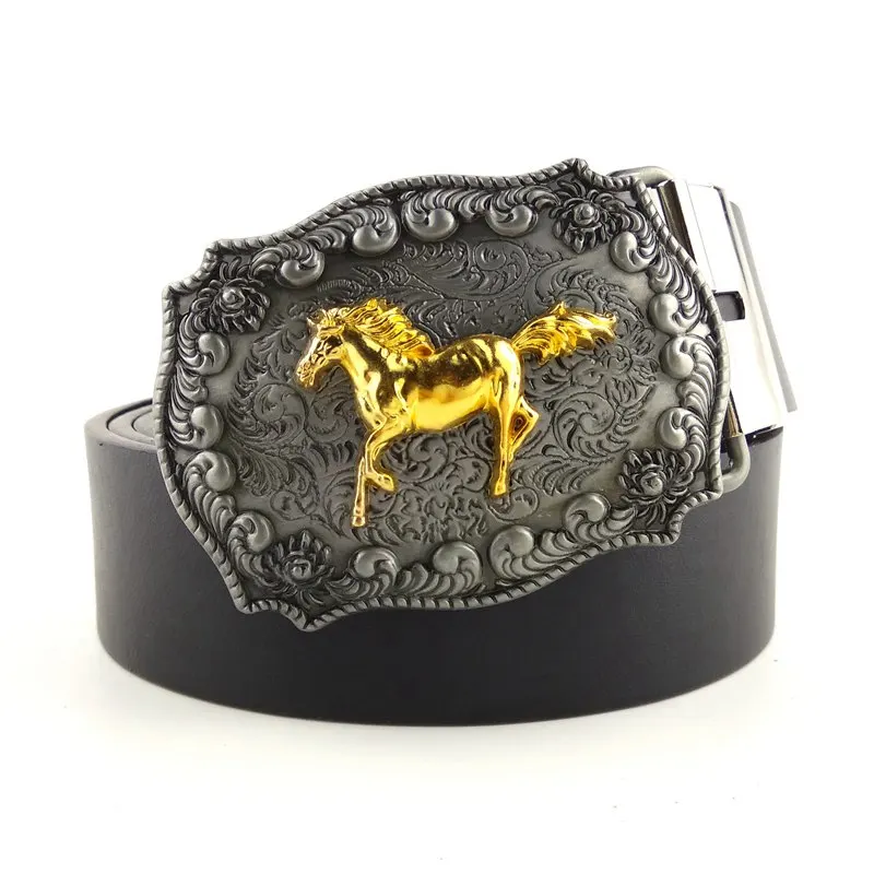 Black PU Leather Casual Men Belt with 3D Golden Running Horse Big Metal Buckle Western Cowboy Fashion Gifts Male Accessories