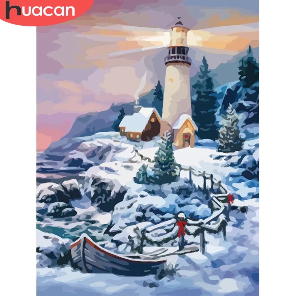 HUACAN картина маслом по номерам Маяк пейзажные наборы Рисование холст ручная