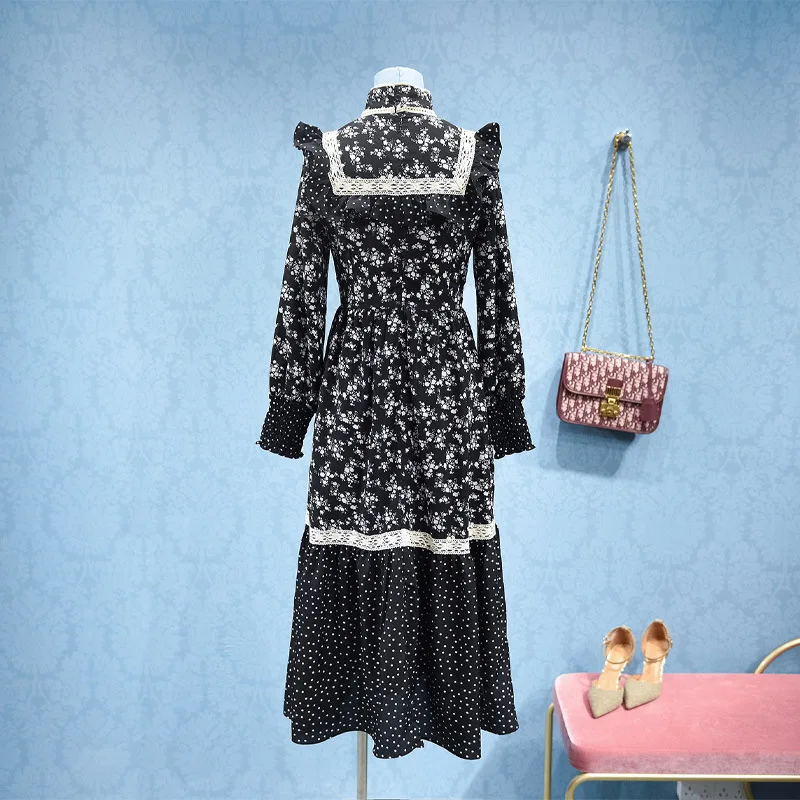 

2020 Autumn Polka Dot Floral Splicing Dress Stand Collar Waist Hugging Lotus Leaf Lace Vintage Dress H07146