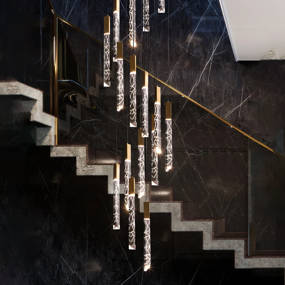 Loft moderno candelabro LED K9 de cristal y cromo dúplex candelabros con caída en escalera habitación Hotel colgante de lujo luz lámpara