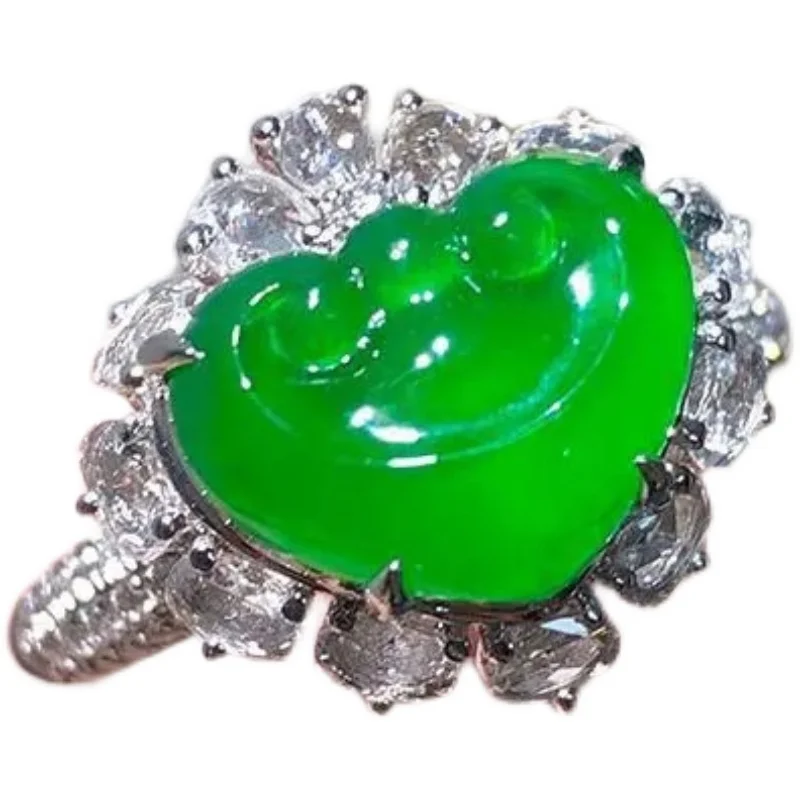 

[Auspicious Ruyi] Bright Green High Ice Transparent Chalcedony Ruyi Ring S925 Sterling Silver Inlaid Exquisite Temperament