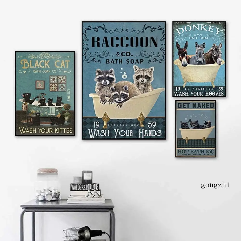 

Black Cat Donkey Raccoon In The Bathtub Poster Get Naked Quote Canvas Painting and Prints Wall Art Picture Toilet Bathroom Decor