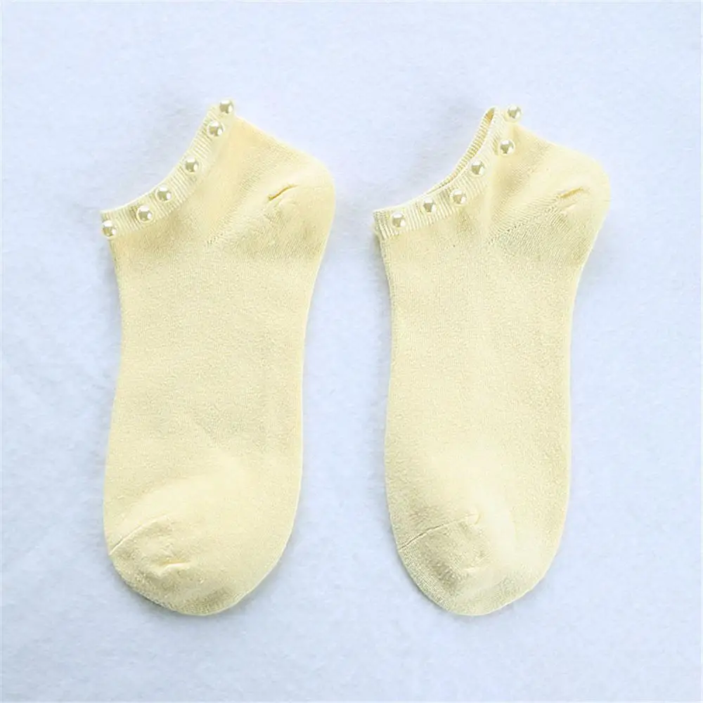 Light yellow 9 цветов, женские носки, хлопковые милые женские Носки ярких цветов с имитацией жемчуга, повседневные короткие женские носки для девушек и женщин, носки, чулочно-носочные изделия - Цвет: Light yellow