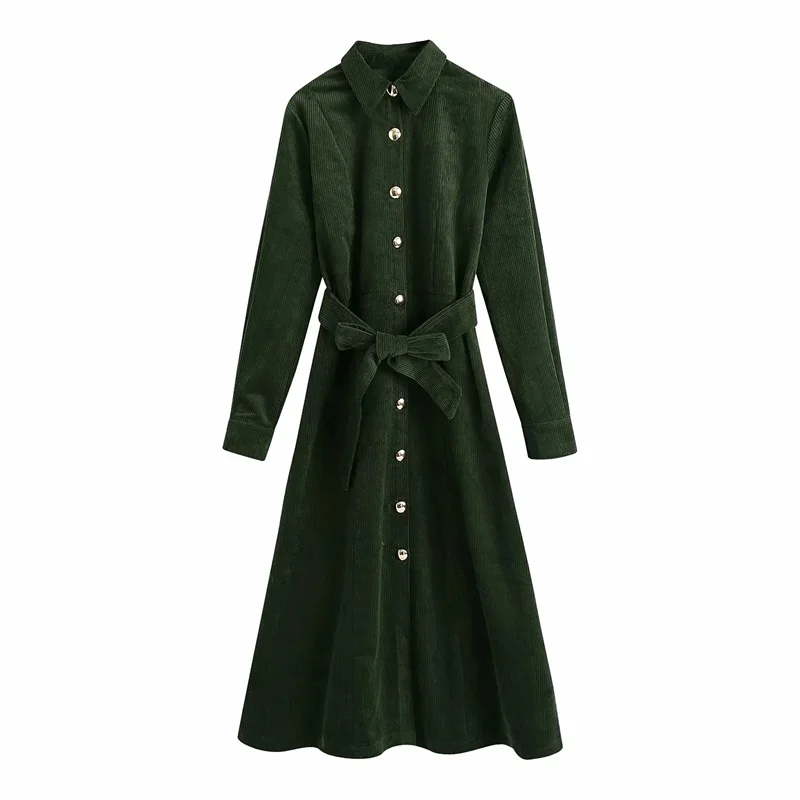 Fall 2020 New Product Corduroy Fashion Single-Breasted Bow Tie Waist Slimming Mid-Length Women's Shirt Dress | Женская одежда