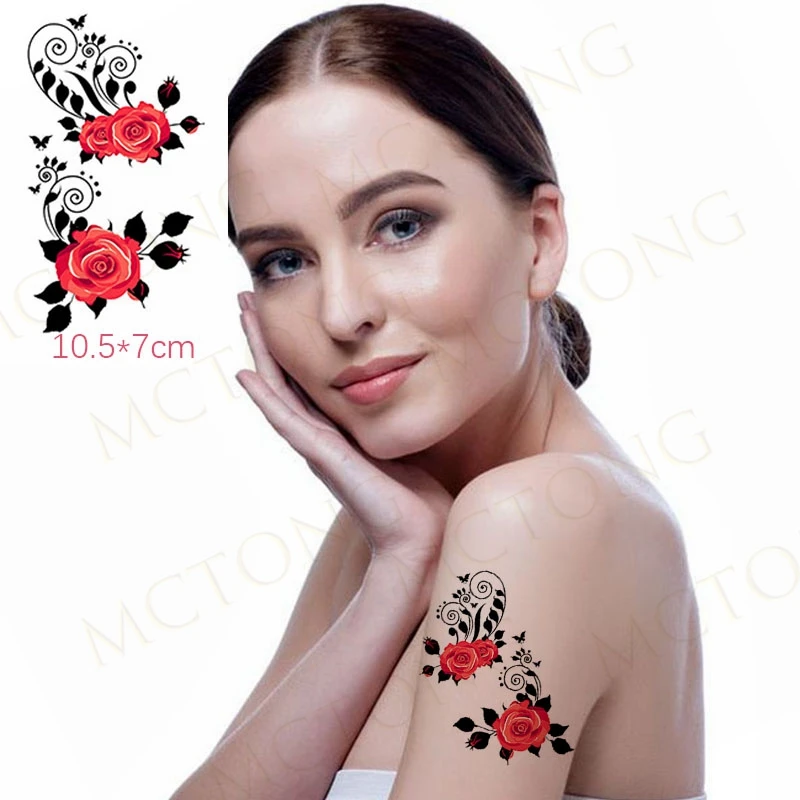Водостойкая Временная тату наклейка красная пикантная Роза Бабочка цветы