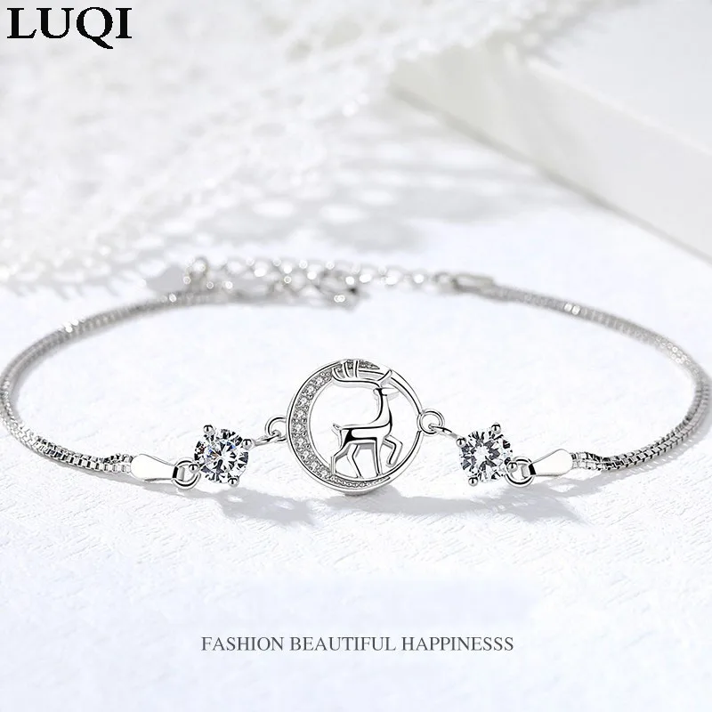 Модный женский циркониевый браслет с оленем из серебра пробы платиновый для