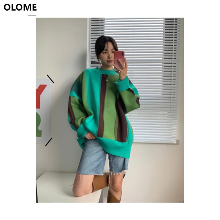 

2020 autumn Korean style design sense niche bombing street contrast color stitching casual loose sweater sweaters for women