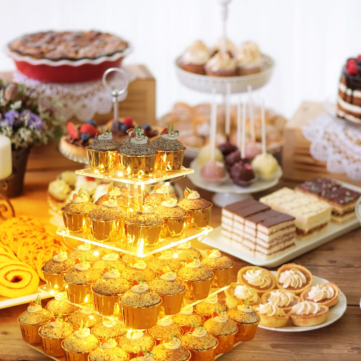 Квадратная подставка для кексов 4-уровневая акриловая торта десерта дерева башни