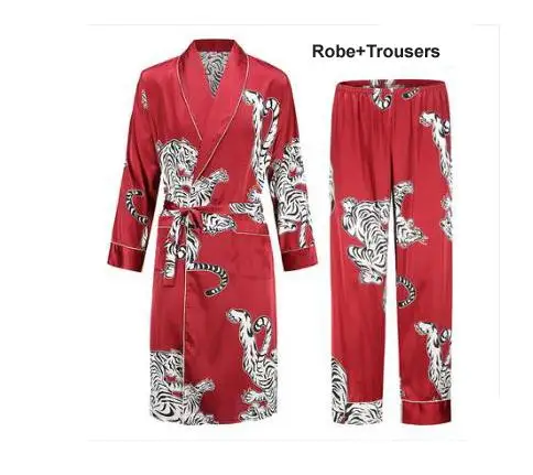 robe and short Шелковая ночная рубашка мужская летняя тонкий купальный халат Тигр Ночная рубашка свободная Свадебная robesilky с длинным рукавом Sleeprobe размера плюс домашняя одежда - Цвет: robe and short