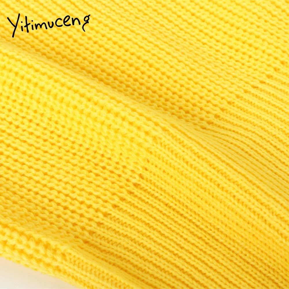 

yitimuceng knitted sweater women 2020 solid yellow stretch long sleeved drawstring pullover lace up women sweaters and pullovers