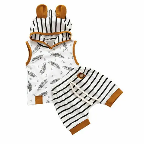 

Newborn Baby Boys Girls Hooded Tops T-shirt Striped Shorts Summer Clothes