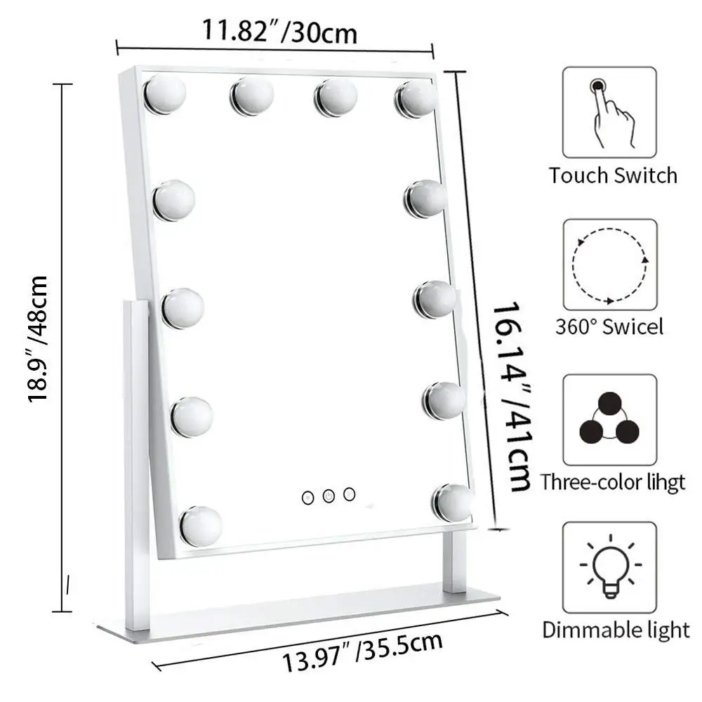 

Hollywood Style Vanity Cosmetic Lighted Makeup Mirrors with Lights 12x3W Dimmable LED Bulbs Touch Control Tricolor gift for girl