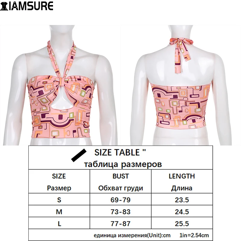 

IAMSURE Hollow Out Halter Top Y2K Geometric Printed Sleeveless Crop Top Sexy Slim Slash Neck Tank Tops Women 2021 Fashion Casual
