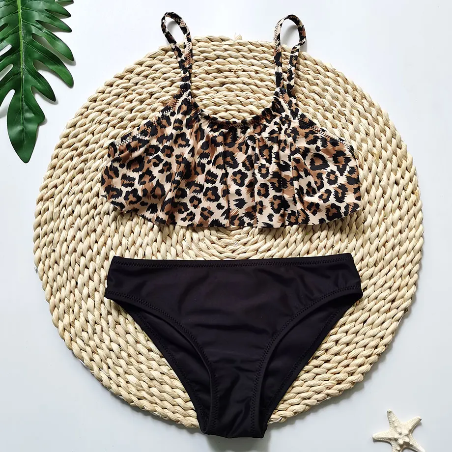 Леопардовый купальник для девочек подростков бикини с воланом детские