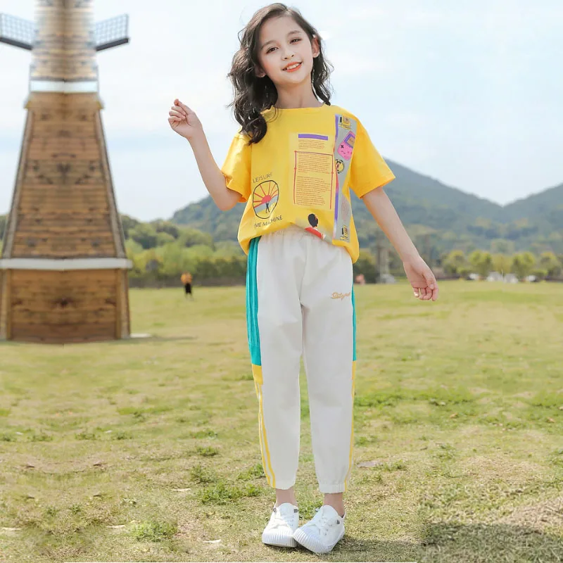 

3-10 year girls summer two-piece cartoon letter printed sweat shirt T-shirt + nine-point pants fashion net red quality clothing
