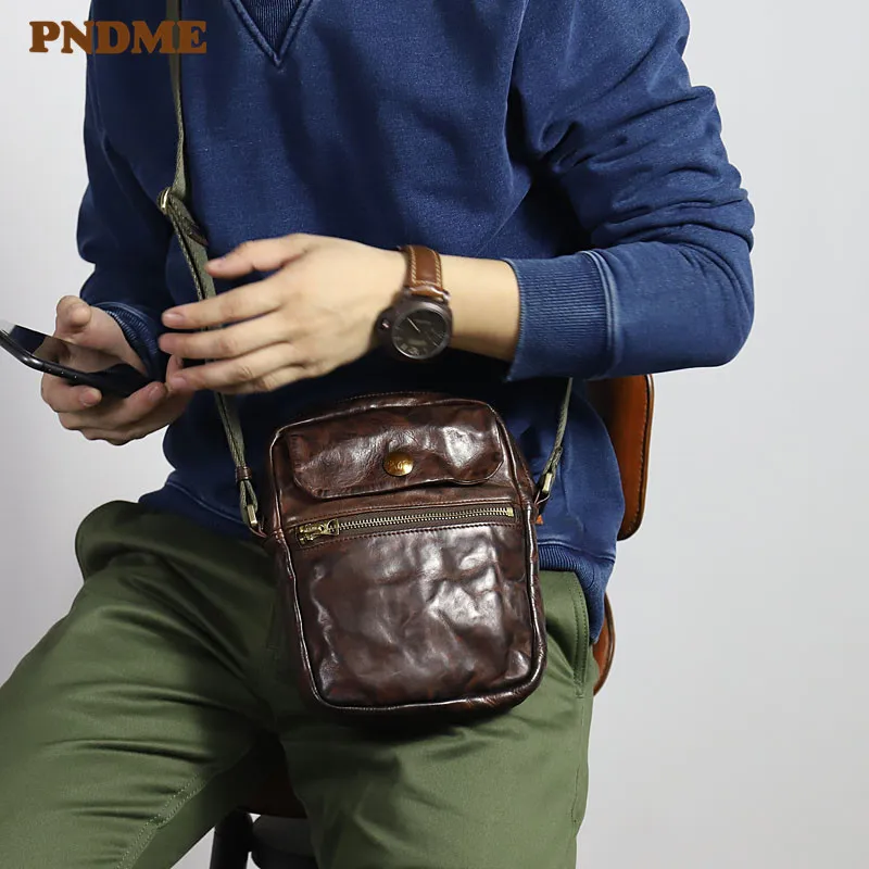 Casual vintage genuine leather men's small shoulder bag fashion natural luxury real cowhide daily light outdoor crossbody bags
