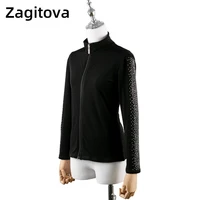 figure skating training suit children adult girls high elastic waterproof breathable top with shiny gems on the sleeves