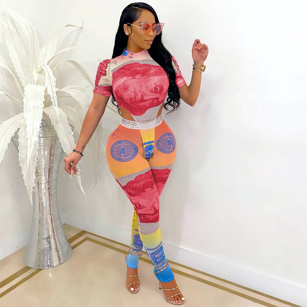 

Sexy Money 2 Pieces Club Outfits Women Short Sleeve Turtleneck Crop Top Bodysuit and Long Pants Dollar Printed 2021 Summer Sets