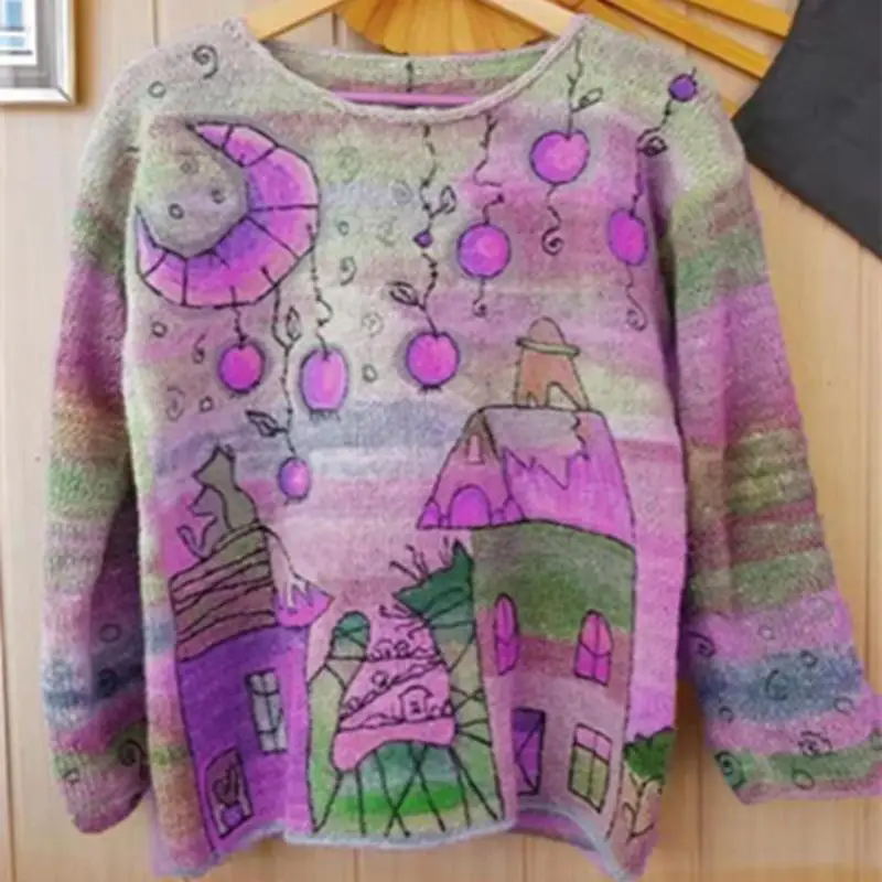 Free Shipping Sweater Women Winter Fashion Outwear Leisure Printed Long Sleeve Hit Color Comfort Loose Female Pullover | Женская одежда