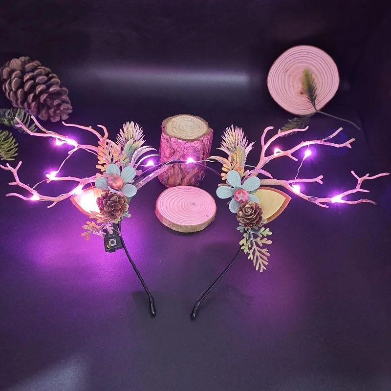 

10pcs LED Light Up Headband Elk Antlers Reindeer Berry Flower Headdress Christmas Costume Party Favors for Kids Women Girls