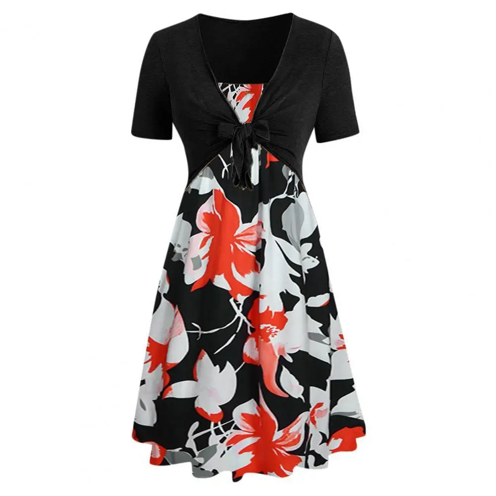 

Fake Two Piece Set Women Dress Short Sleeve A-line Flower Print Front Bow Knot Midi Dresses Streetwear