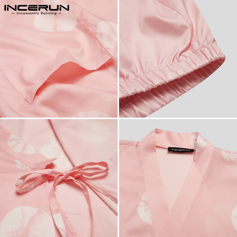 

INCERUN Men Pajamas Sets Printed Japanese Kimono V Neck Harajuku Half Sleeve Sleepwear Suit Summer Shorts Unisex Homewear S-5XL