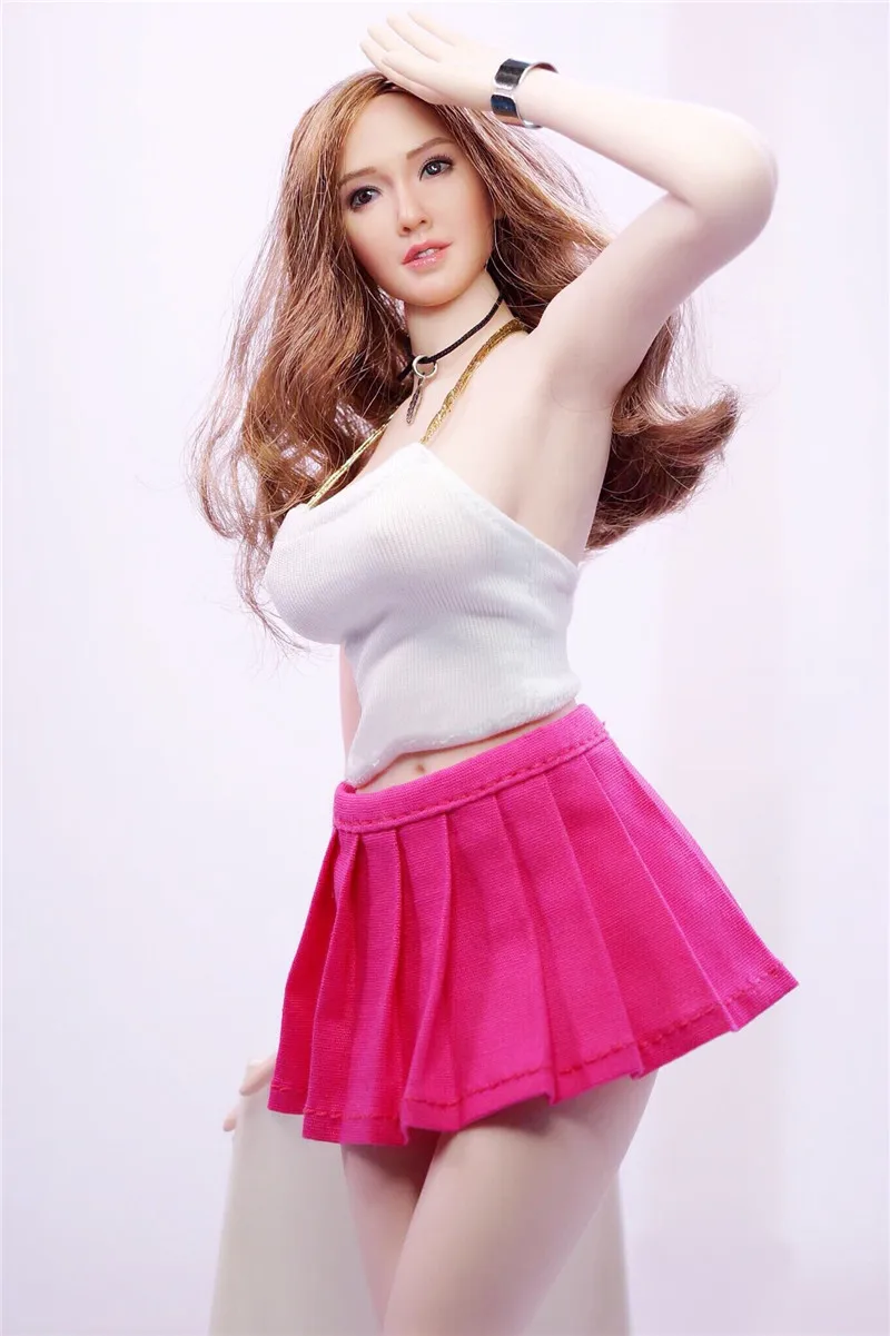 

1/6 Scale Female Soldier Pink Pleated Skirt and White Vest Suit with 12 Inch Plain Body Accessories
