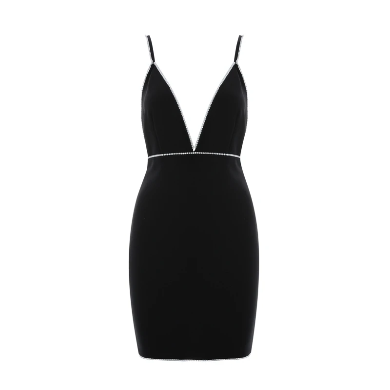 INDRESSME, женское Бандажное платье,, сексуальное, глубокий v-образный вырез, на бретелях, с открытой спиной, миди, с бисером, бриллиантами, платье для женщин, Vestidos, новая мода - Цвет: Black