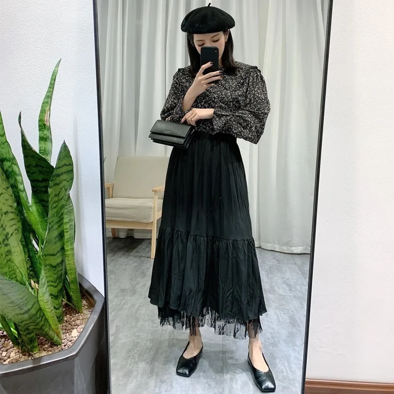 

Женская кружевная юбка с завышенной талией, повседневная трапециевидная длинная облегающая юбка черного цвета с поясом на резинке, лето 2021