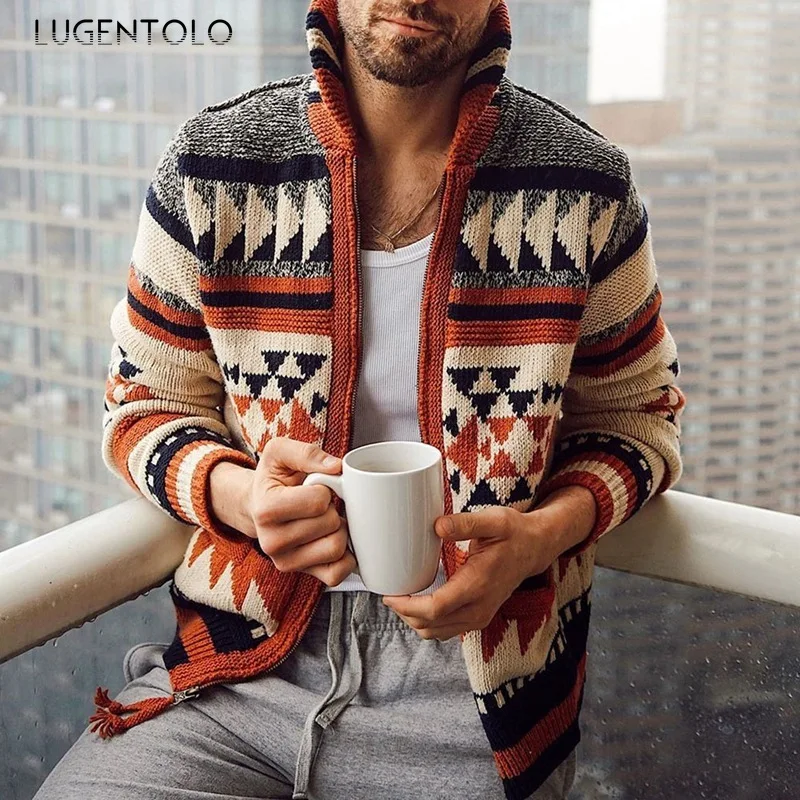 

Мужской повседневный жаккардовый кардиган на молнии с отворотом и длинным рукавом