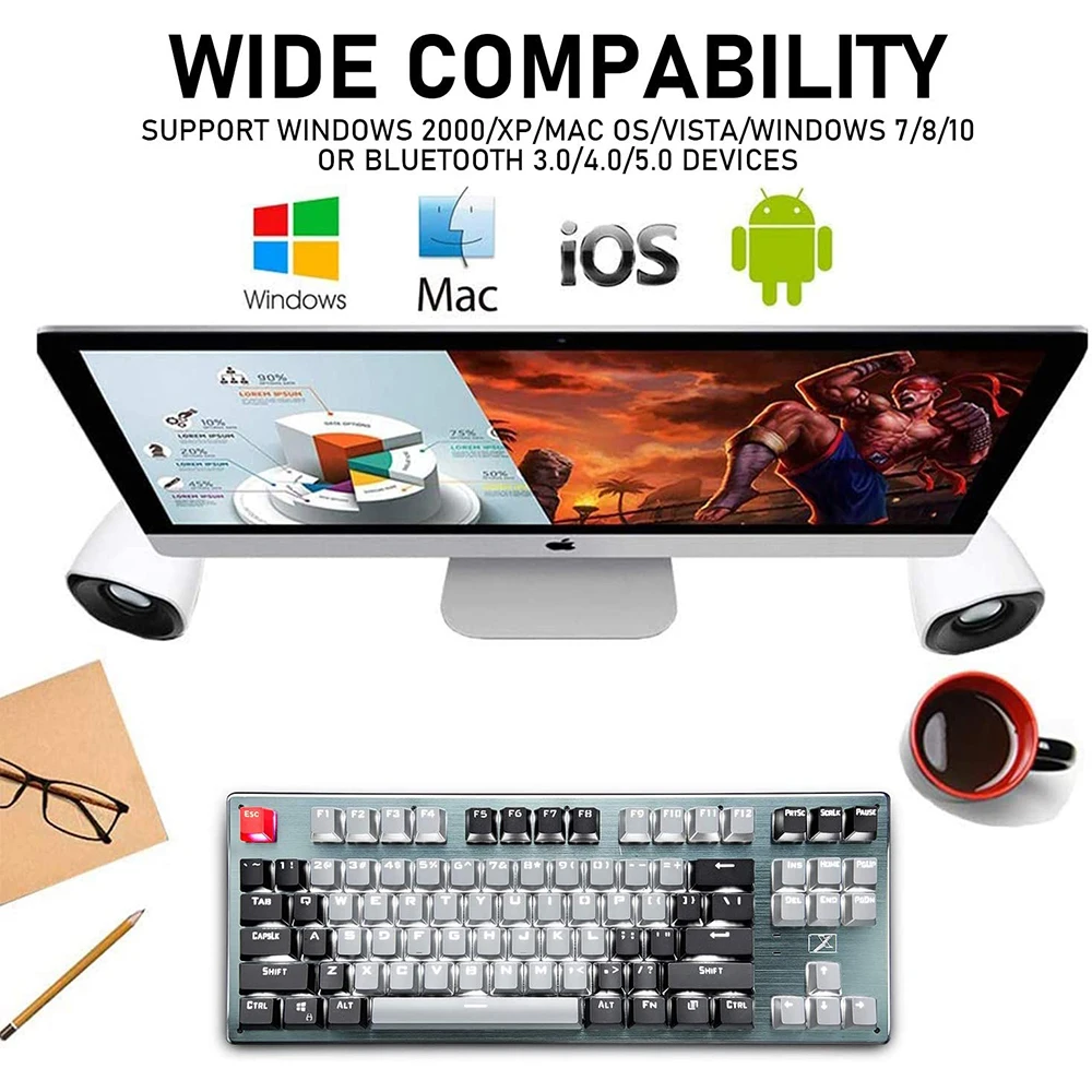 

Bluetooth Mechanical Keyboard LED Backlit 87 Anti-Ghosting Key USB Wireless Ergonomic Gaming Keyboard for PC Laptop Tablet Mac