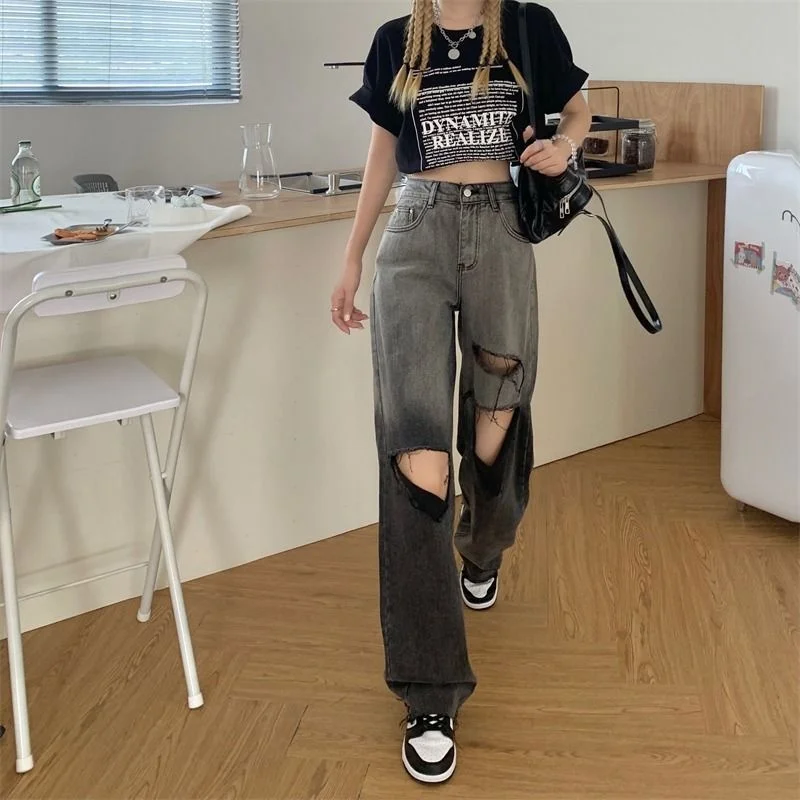 

Summer Ripped Jeans Girl Women High Street Straight Autumn Patchwork Cargo Pants Streetwear Cool Harajuku Punk Jeans Female