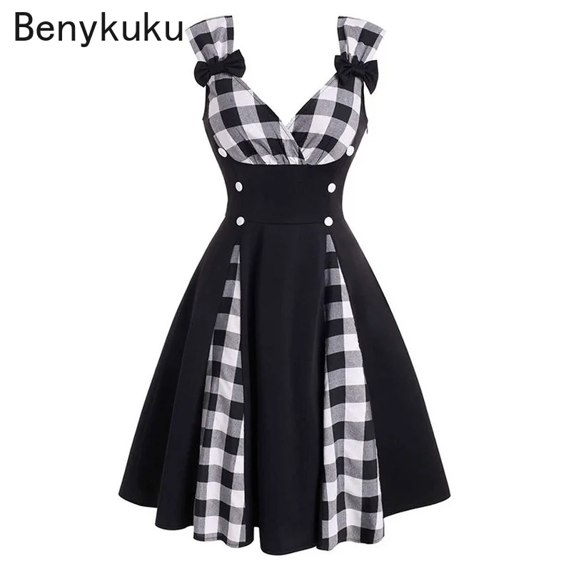 

Bow Plaid Blockcolor 50s Vintage Rockabilly Dress Summer 2021 Female Casual Women High Waist Elegant Sleeveless Pinup Vestidos