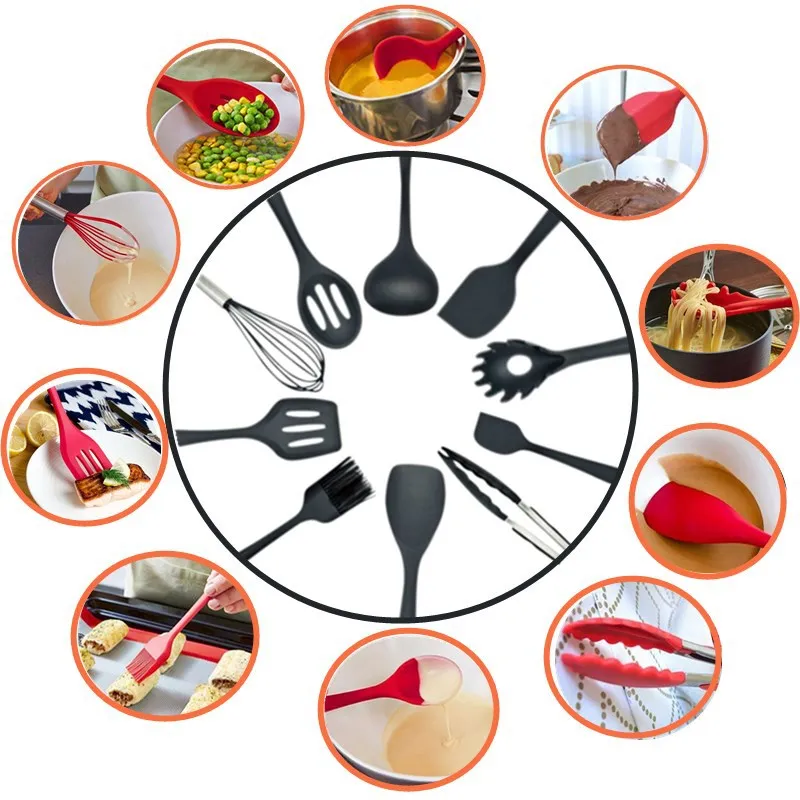 silicone kitchen utensils set cooking tools kitchenware spoon spatula egg beaters gadget cookware accessories supplies free global shipping