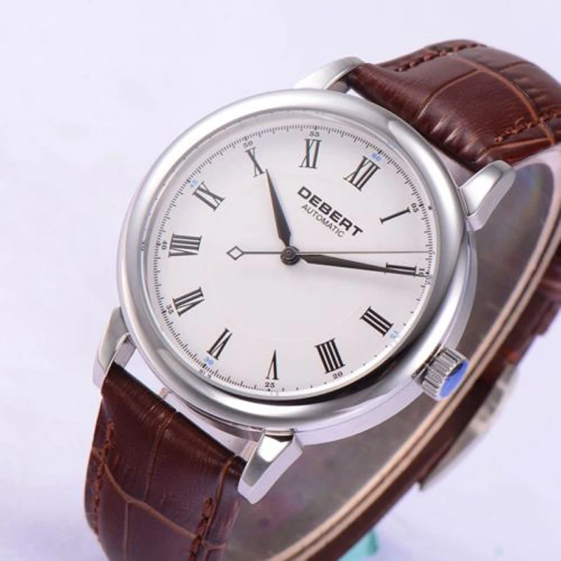Мужские механические часы Debert 40 мм с белым циферблатом и сапфировым ремешком